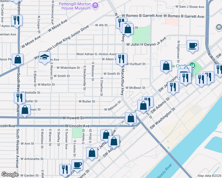 map of restaurants, bars, coffee shops, grocery stores, and more near 225 South Saratoga Street in Peoria