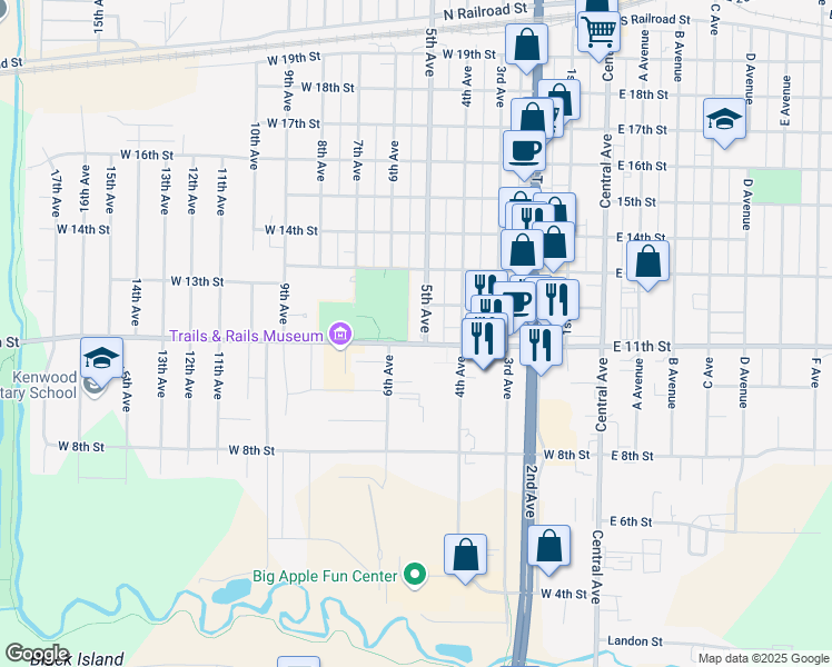 map of restaurants, bars, coffee shops, grocery stores, and more near 450-598 West 12th Street in Kearney