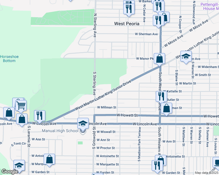 map of restaurants, bars, coffee shops, grocery stores, and more near 2317 West Martin Luther King Junior Drive in Peoria