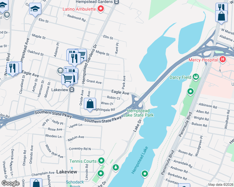 map of restaurants, bars, coffee shops, grocery stores, and more near 644 Park Avenue in West Hempstead