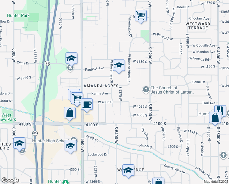 map of restaurants, bars, coffee shops, grocery stores, and more near 5421 Elaine Avenue in West Valley City