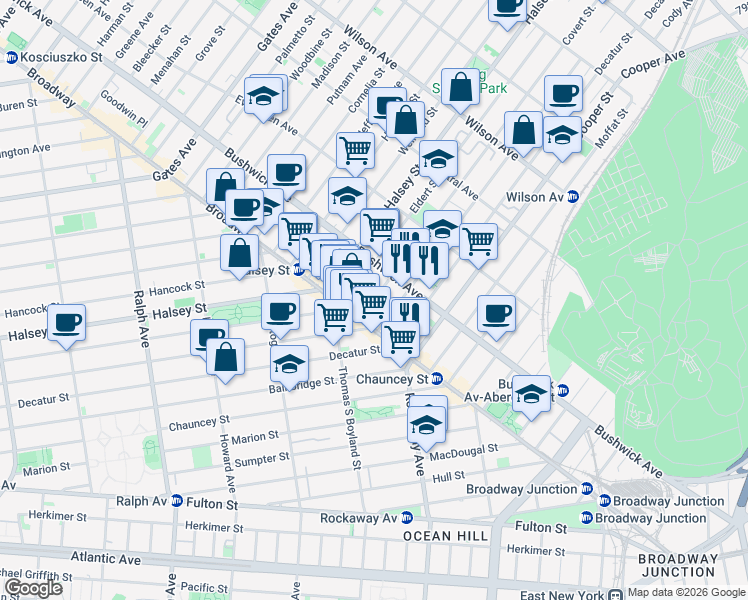 map of restaurants, bars, coffee shops, grocery stores, and more near 22 Covert Street in Brooklyn