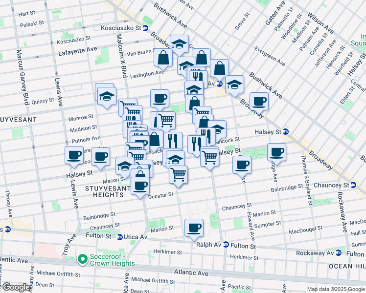 map of restaurants, bars, coffee shops, grocery stores, and more near 780 Jefferson Avenue in Brooklyn