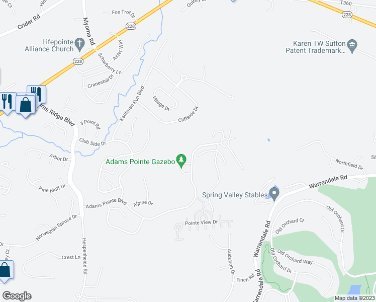 map of restaurants, bars, coffee shops, grocery stores, and more near 218 Adams Pointe Boulevard in Mars