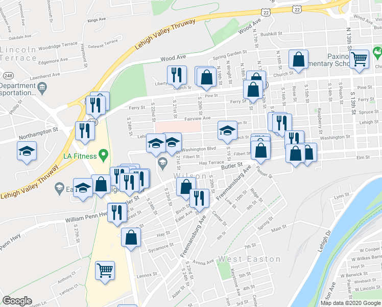 map of restaurants, bars, coffee shops, grocery stores, and more near 2024 Washington Boulevard in Easton