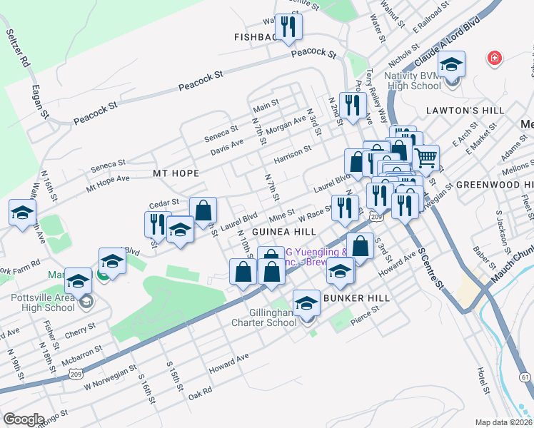 map of restaurants, bars, coffee shops, grocery stores, and more near 708 Laurel Boulevard in Pottsville