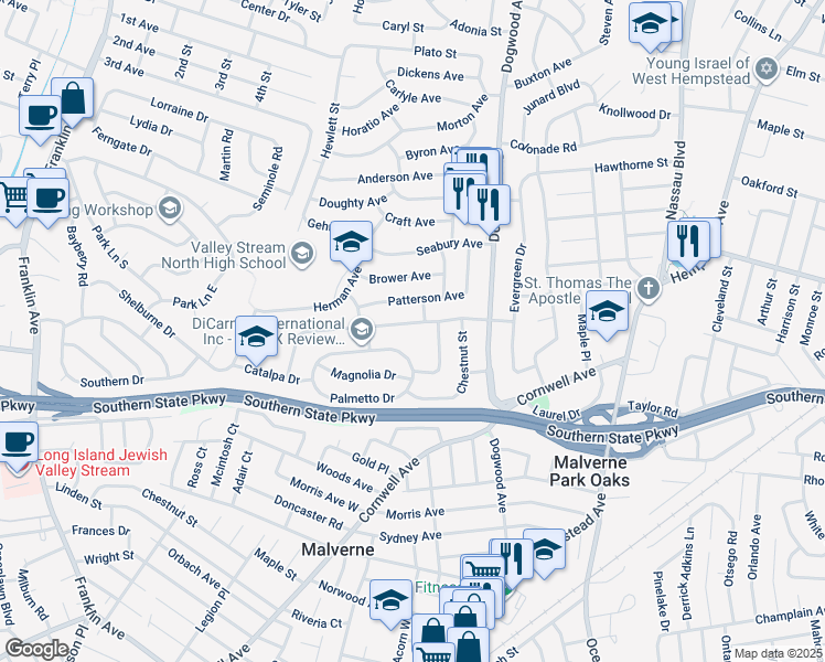 map of restaurants, bars, coffee shops, grocery stores, and more near 710 Willow Road in Franklin Square