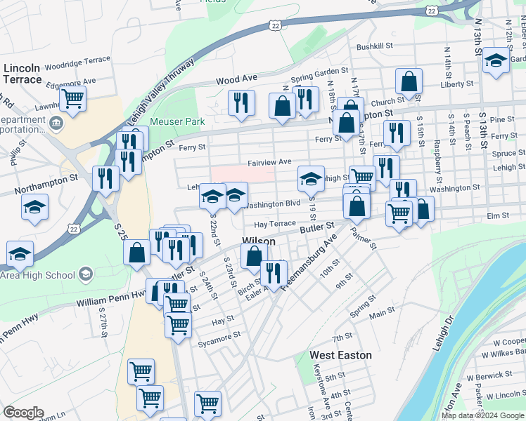map of restaurants, bars, coffee shops, grocery stores, and more near 2020 Washington Boulevard in Easton
