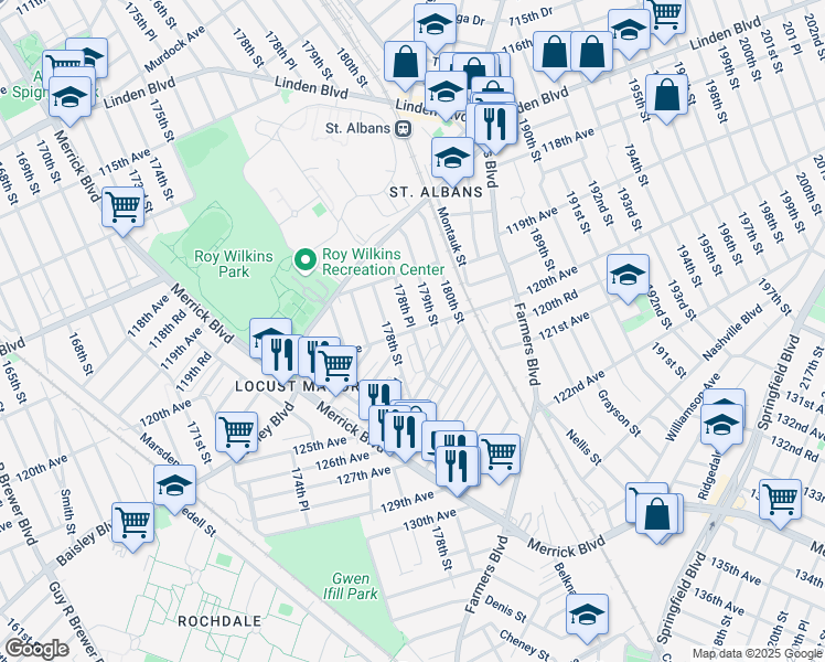 map of restaurants, bars, coffee shops, grocery stores, and more near 120th Avenue in Queens