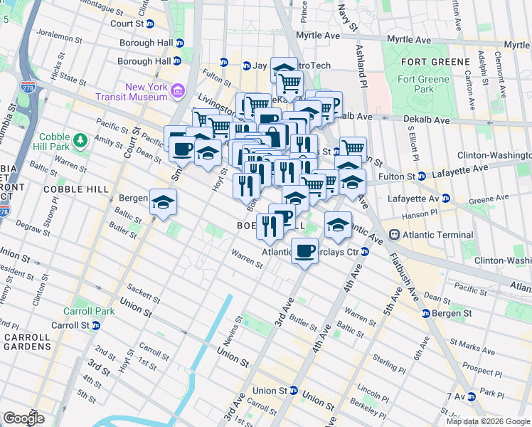 map of restaurants, bars, coffee shops, grocery stores, and more near 415 Pacific Street in Brooklyn
