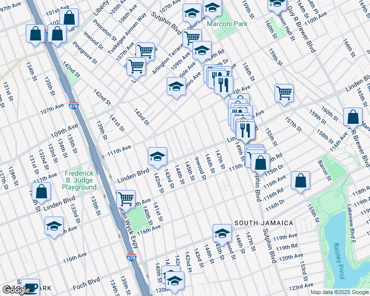 map of restaurants, bars, coffee shops, grocery stores, and more near 111-45 Inwood Street in Queens