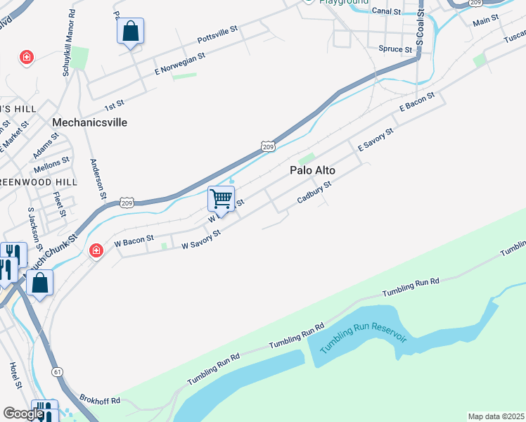 map of restaurants, bars, coffee shops, grocery stores, and more near 20 West Savory Street in Pottsville