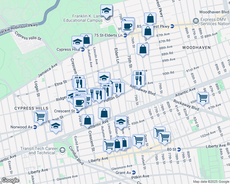 map of restaurants, bars, coffee shops, grocery stores, and more near 226 Grant Avenue in Brooklyn