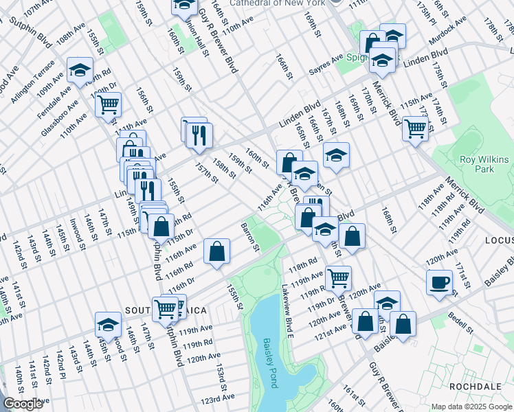 map of restaurants, bars, coffee shops, grocery stores, and more near 115-37 158th Street in Queens