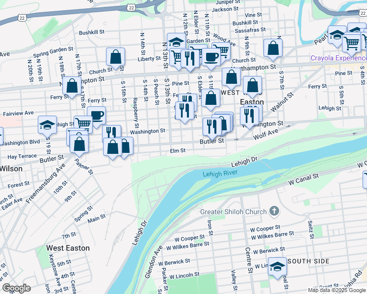 map of restaurants, bars, coffee shops, grocery stores, and more near 1213 Butler Street in Easton