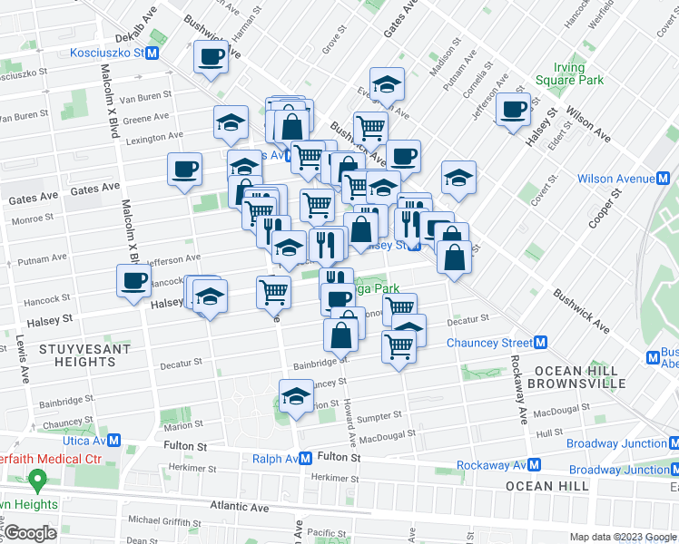 map of restaurants, bars, coffee shops, grocery stores, and more near 813 Halsey Street in Brooklyn