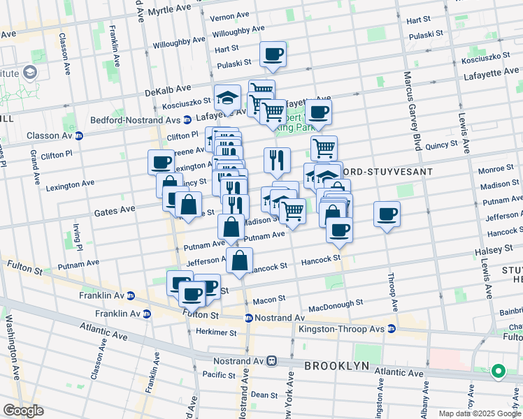 map of restaurants, bars, coffee shops, grocery stores, and more near 251 Monroe Street in Brooklyn