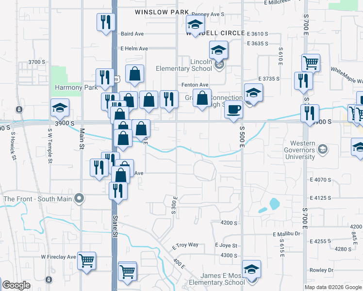 map of restaurants, bars, coffee shops, grocery stores, and more near 3957 South 300 East in Murray