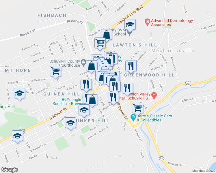 map of restaurants, bars, coffee shops, grocery stores, and more near in Pottsville
