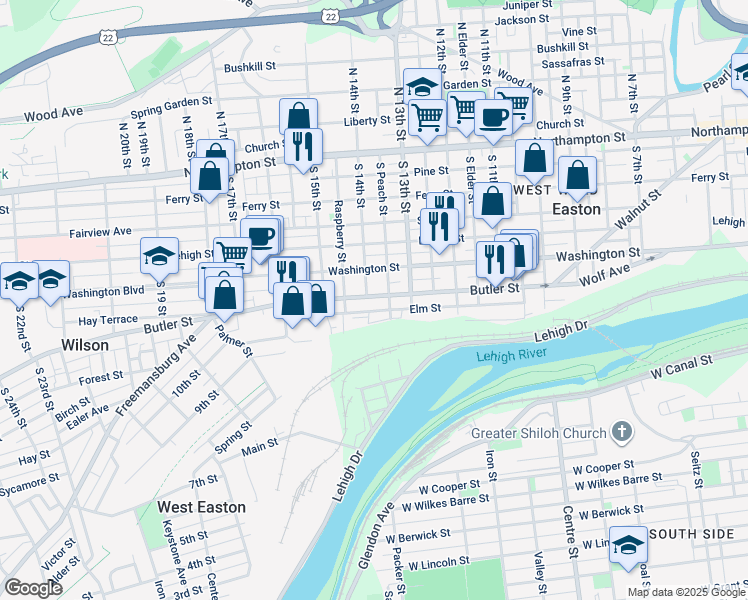 map of restaurants, bars, coffee shops, grocery stores, and more near 1354 Butler Street in Easton