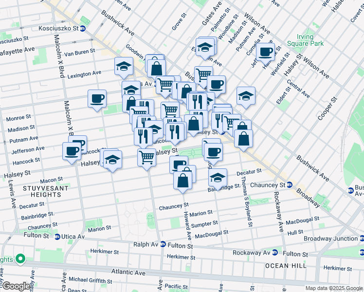 map of restaurants, bars, coffee shops, grocery stores, and more near 883 Hancock Street in Brooklyn