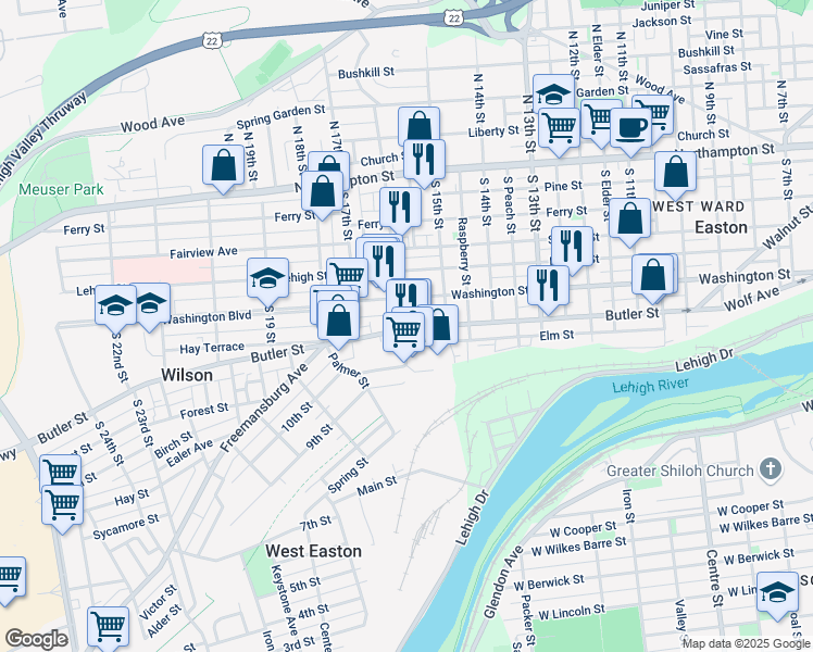 map of restaurants, bars, coffee shops, grocery stores, and more near 1539 Butler Street in Easton