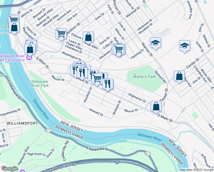 map of restaurants, bars, coffee shops, grocery stores, and more near 132 Sitgreaves Street in Phillipsburg