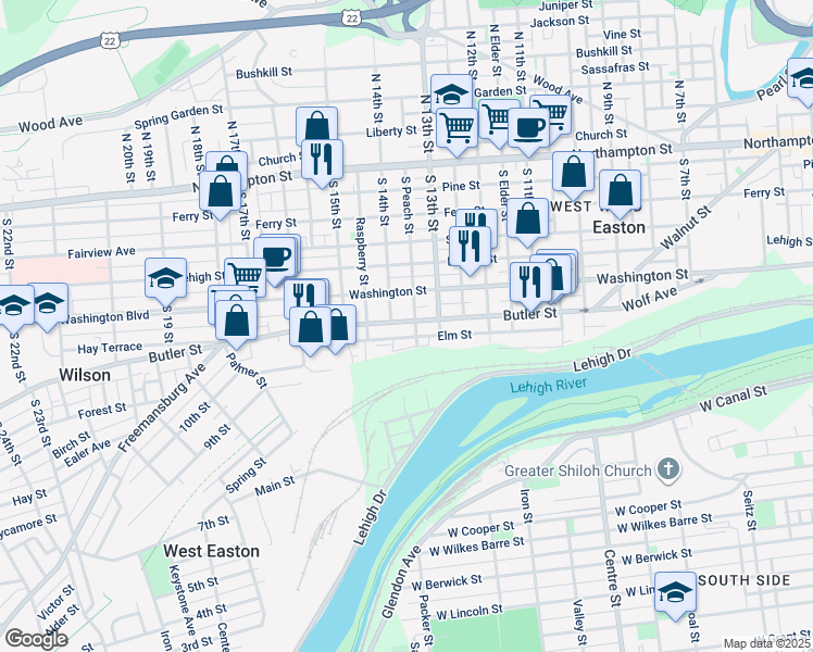 map of restaurants, bars, coffee shops, grocery stores, and more near 1342 Butler Street in Easton