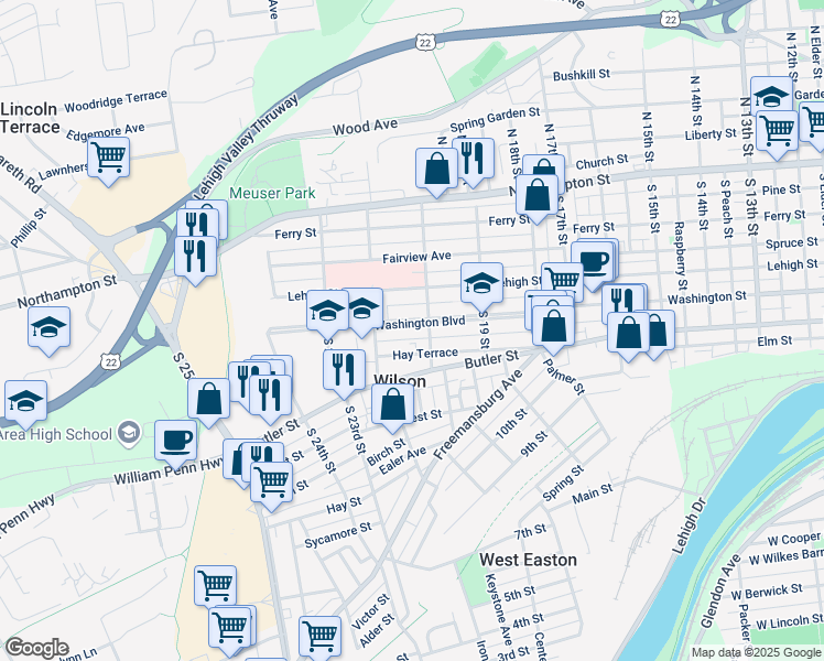 map of restaurants, bars, coffee shops, grocery stores, and more near 2014 Washington Boulevard in Easton
