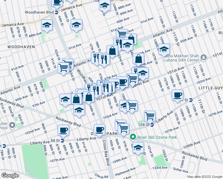 map of restaurants, bars, coffee shops, grocery stores, and more near 100-49 98th Street in Queens