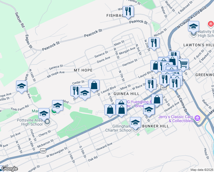 map of restaurants, bars, coffee shops, grocery stores, and more near 817 Mount Hope Avenue in Pottsville