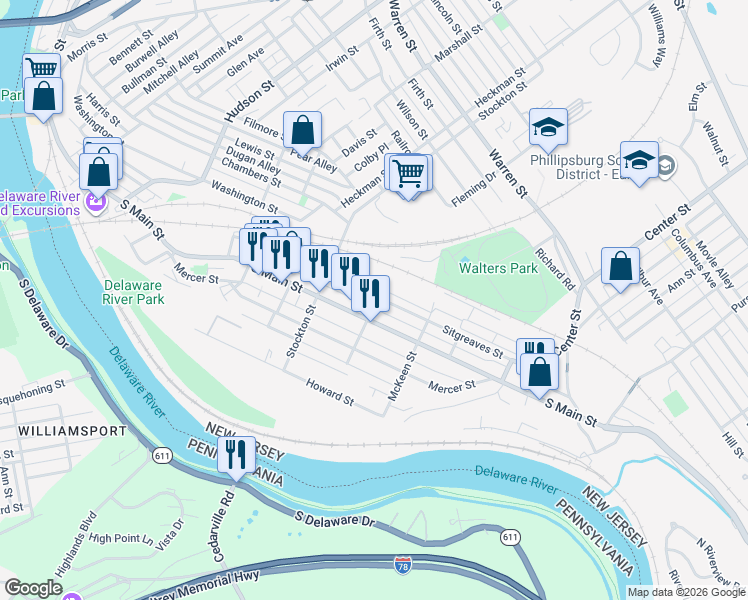 map of restaurants, bars, coffee shops, grocery stores, and more near 162 Sitgreaves Street in Phillipsburg