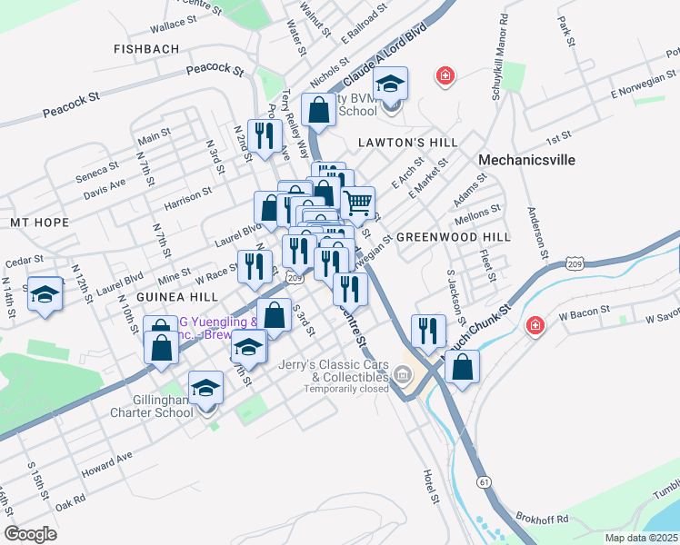 map of restaurants, bars, coffee shops, grocery stores, and more near 200 East Norwegian Street in Pottsville