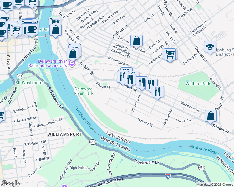 map of restaurants, bars, coffee shops, grocery stores, and more near 11 Cedar Alley in Phillipsburg