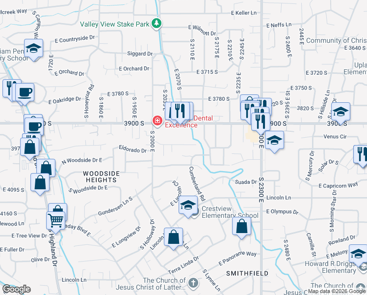 map of restaurants, bars, coffee shops, grocery stores, and more near 2088 Rainbow Point Drive in Holladay