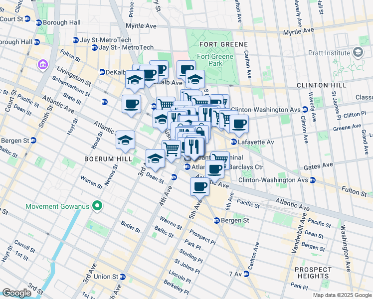 map of restaurants, bars, coffee shops, grocery stores, and more near 121 Saint Felix Street in Brooklyn