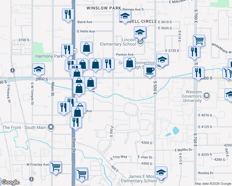 map of restaurants, bars, coffee shops, grocery stores, and more near 3957 South 300 East in Murray