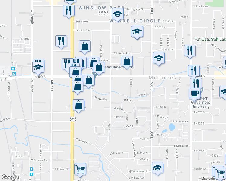 map of restaurants, bars, coffee shops, grocery stores, and more near 3957 South 300 East in Murray