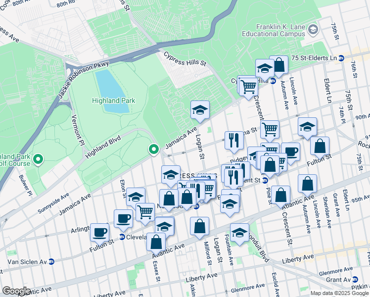 map of restaurants, bars, coffee shops, grocery stores, and more near 28 Logan Street in Brooklyn
