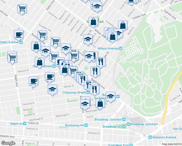 map of restaurants, bars, coffee shops, grocery stores, and more near 83 Cooper Street in Brooklyn
