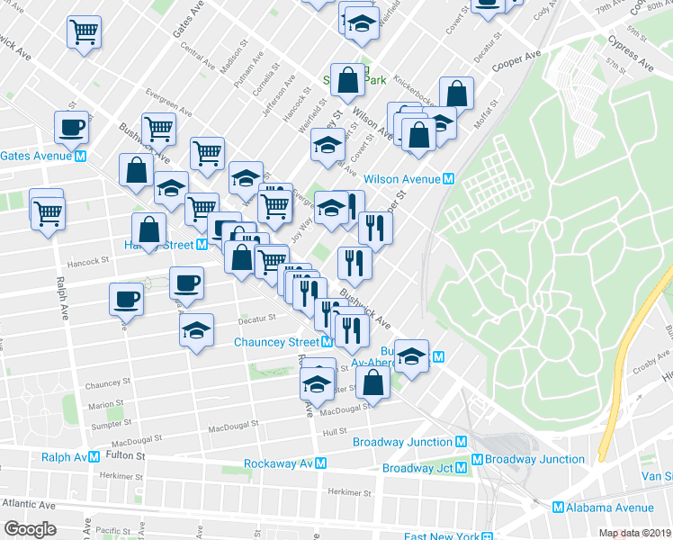 map of restaurants, bars, coffee shops, grocery stores, and more near 83A Cooper Street in Brooklyn
