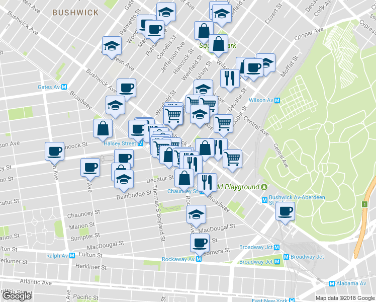 map of restaurants, bars, coffee shops, grocery stores, and more near 1341 Bushwick Avenue in Brooklyn