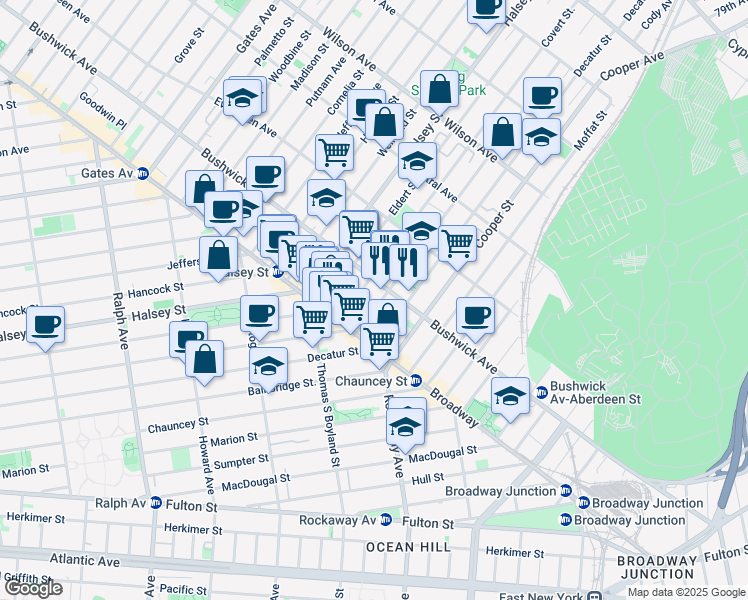 map of restaurants, bars, coffee shops, grocery stores, and more near 48 Covert Street in Brooklyn