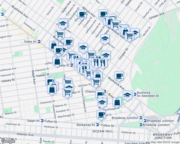 map of restaurants, bars, coffee shops, grocery stores, and more near 48 Covert Street in Brooklyn