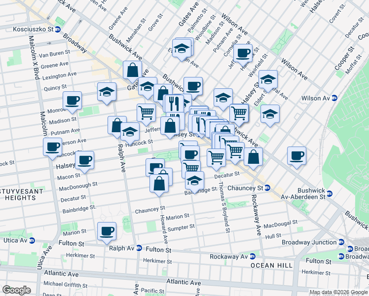 map of restaurants, bars, coffee shops, grocery stores, and more near Halsey Street & Saratoga Avenue in Brooklyn