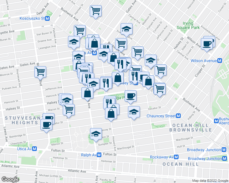 map of restaurants, bars, coffee shops, grocery stores, and more near 883 Hancock Street in Brooklyn