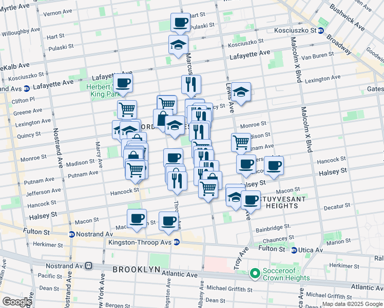 map of restaurants, bars, coffee shops, grocery stores, and more near 462 Madison Street in Brooklyn