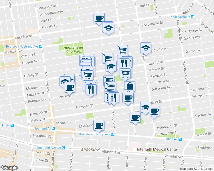 map of restaurants, bars, coffee shops, grocery stores, and more near 432 Monroe Street in Brooklyn