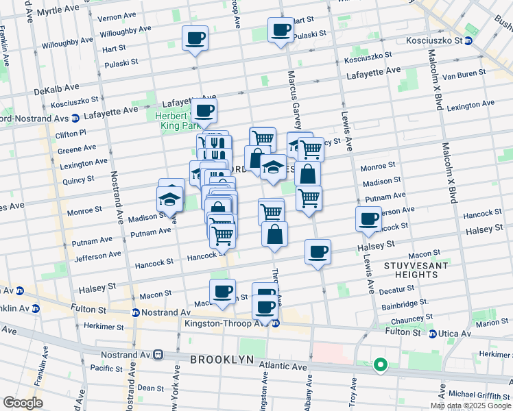 map of restaurants, bars, coffee shops, grocery stores, and more near 397 Madison Street in Brooklyn