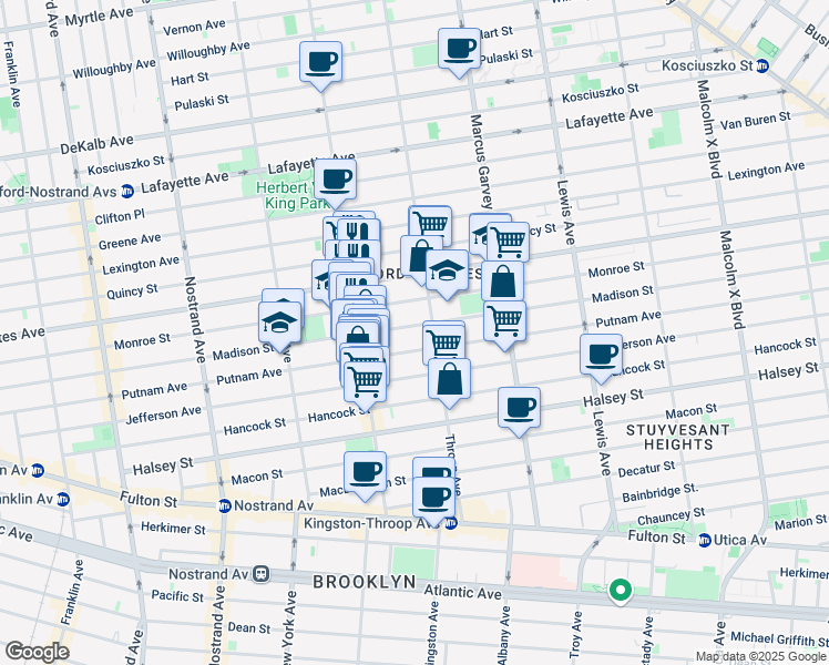 map of restaurants, bars, coffee shops, grocery stores, and more near 397 Madison Street in Brooklyn